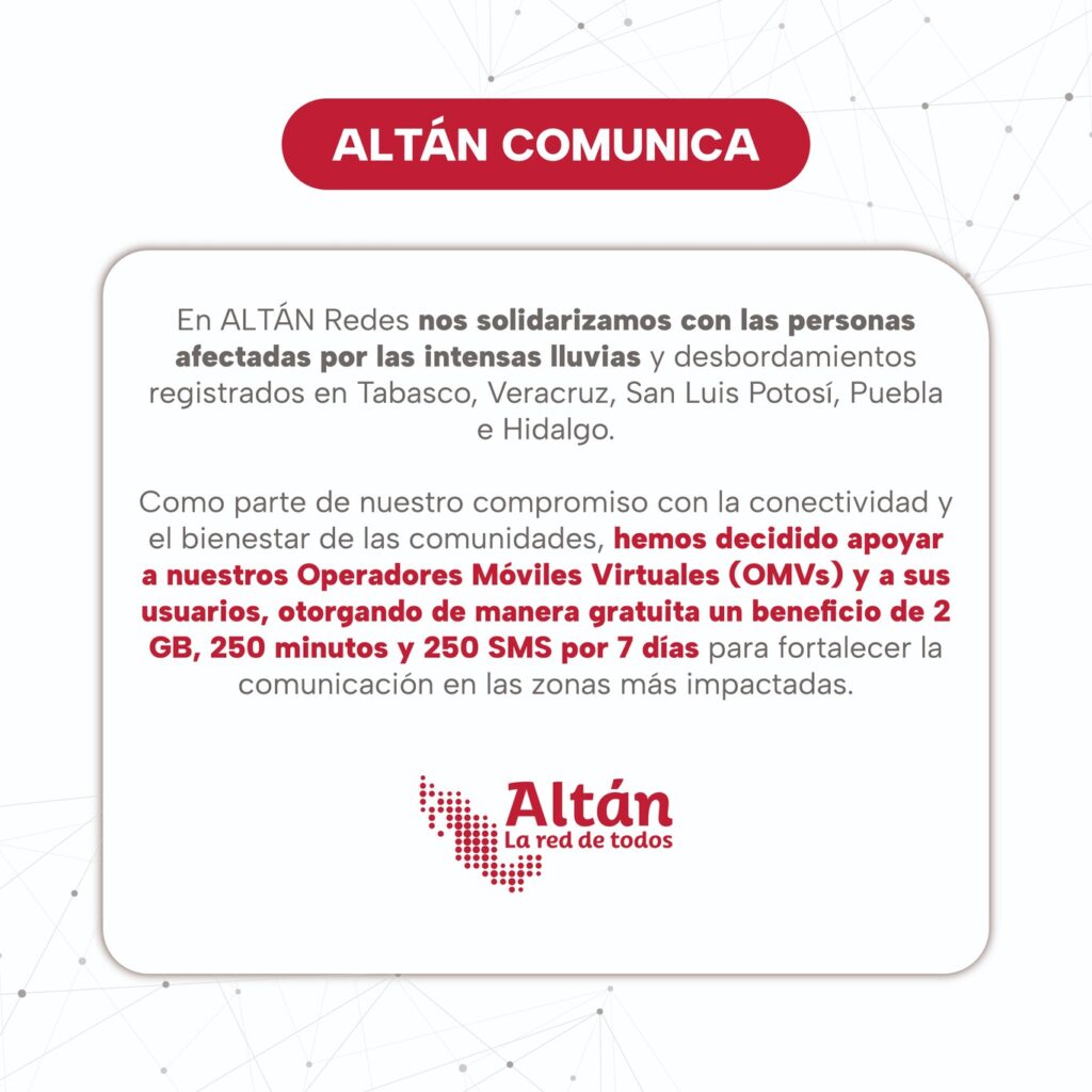 Altán dará a damnificados por inundaciones en México servicios gratuitos durante siete días